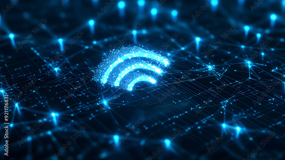 Digital blue WiFi internet sign icon with binary code, AI in wireless network management, signal strength optimization algorithms, cybersecurity protocols design Digital blue WiFi internet sign icon with binary code, AI in wireless network management, signal strength optimization algorithms, cybersecurity protocols design
