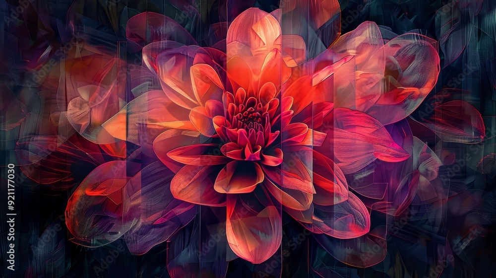 A vibrant, abstract depiction of a red flower, with textured, geometric petals and a dark background. A vibrant, abstract depiction of a red flower, with textured, geometric petals and a dark background.