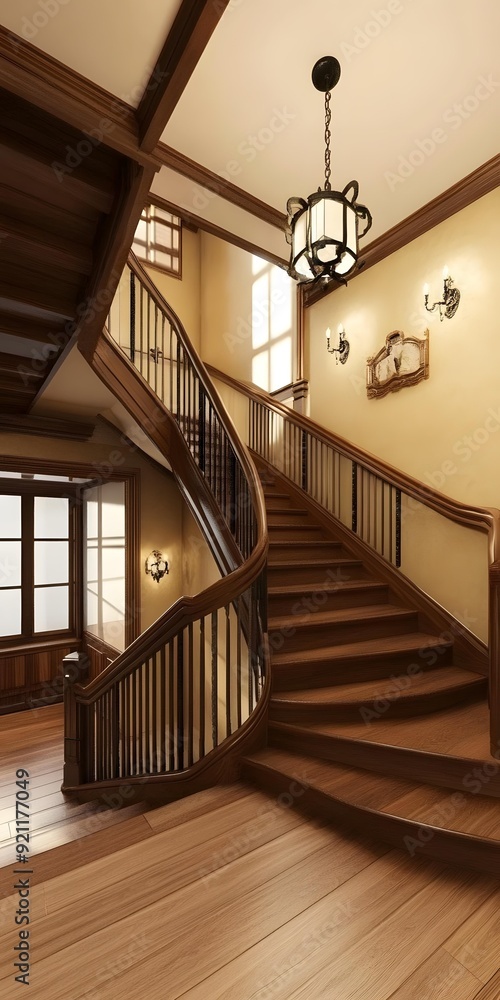 Obraz premium Elegant Wooden Staircase with Curved Handrail and Chandelier