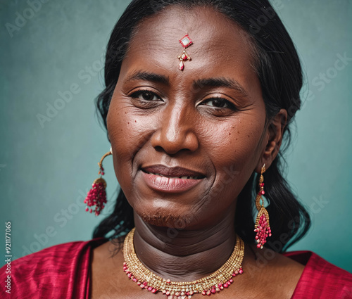 A Masai woman with a red necklace and earrings is smiling photo