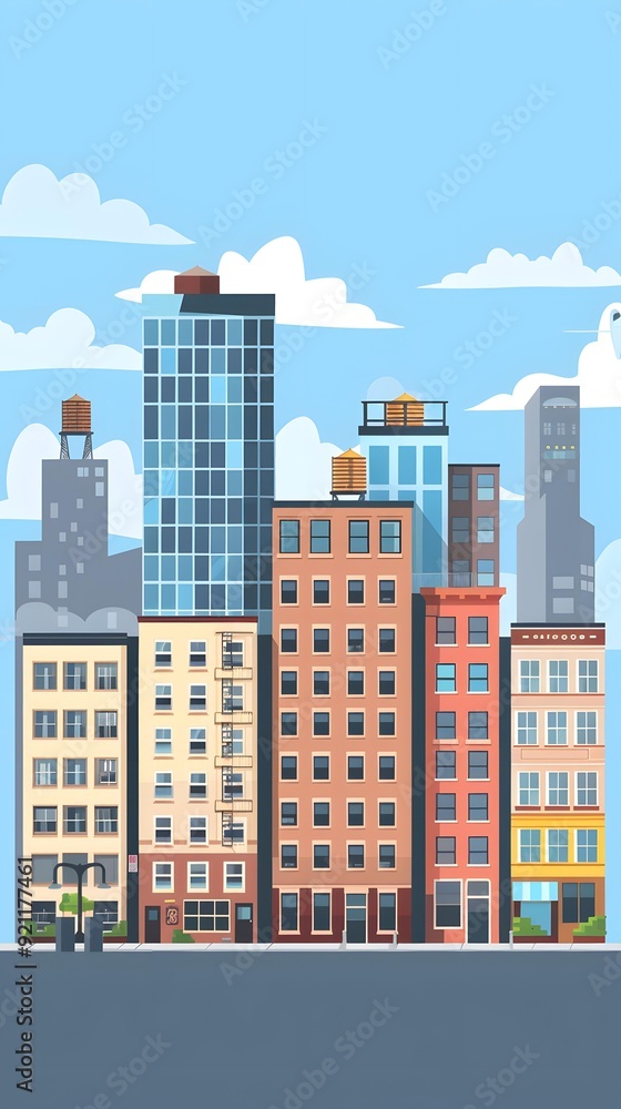 Modern Cityscape Illustration of a Street with Multiple Buildings Modern Cityscape Illustration of a Street with Multiple Buildings