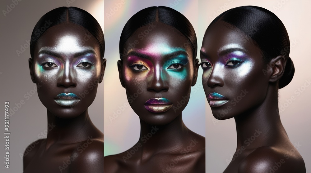 A stunning display of iridescent makeup showcases a model with flawless skin and bold, creative artistry highlighted in a modern studio A stunning display of iridescent makeup showcases a model with flawless skin and bold, creative artistry highlighted in a modern studio