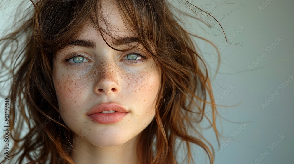 A warm tonality portrait of a young woman with wavy brown hair and freckles, gazing gently, projecting calm and youth.