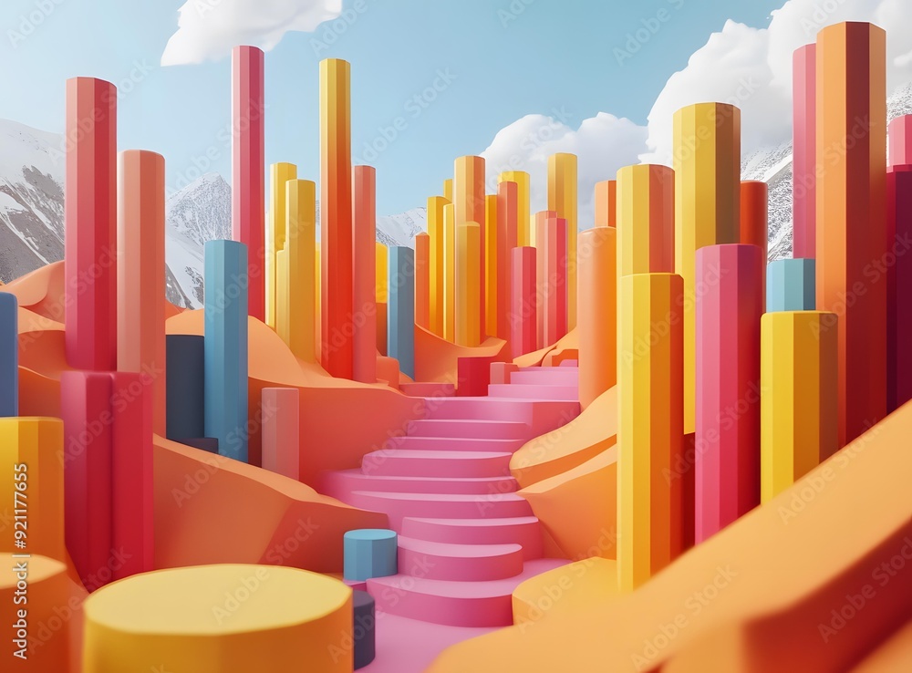 Obraz premium Abstract Colorful Geometric Shapes and Stairs 3D Illustration