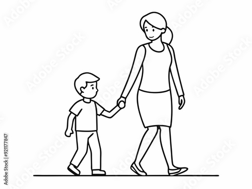 continuous single line drawing of young boy walking by the hand of his mother, line art vector illustration
