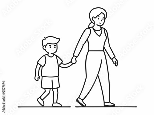 continuous single line drawing of young boy walking by the hand of his mother, line art vector illustration 