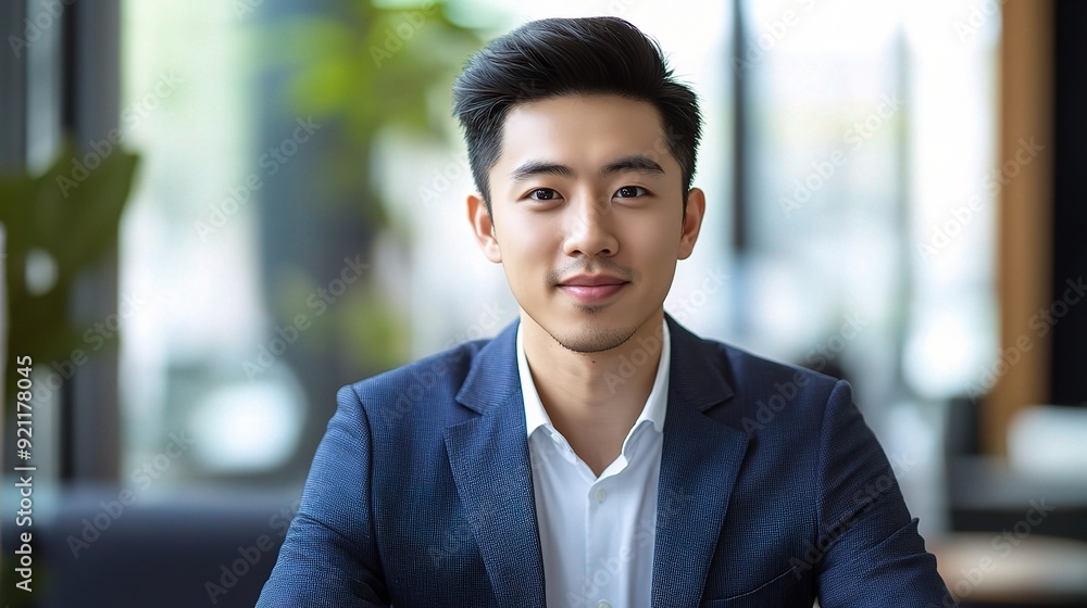 Confident Young Professional: A portrait of a young Asian businessman in a modern office setting, exuding professionalism and ambition. Confident Young Professional: A portrait of a young Asian businessman in a modern office setting, exuding professionalism and ambition.