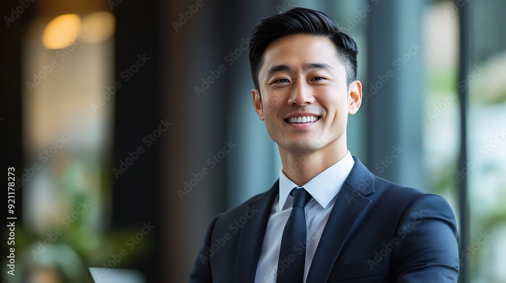 Confident and Successful: A portrait of a young Asian businessman exudes confidence and success, his warm smile and sharp attire suggesting a drive for excellence. Confident and Successful: A portrait of a young Asian businessman exudes confidence and success, his warm smile and sharp attire suggesting a drive for excellence.