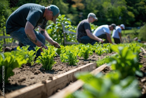 People tending to a row of leafy green plants in a garden.