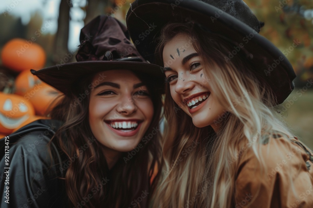 Two happy women dressed in witch costumes share a joyful moment outdoors, surrounded by pumpkins during a festive autumn celebration. Two happy women dressed in witch costumes share a joyful moment outdoors, surrounded by pumpkins during a festive autumn celebration.