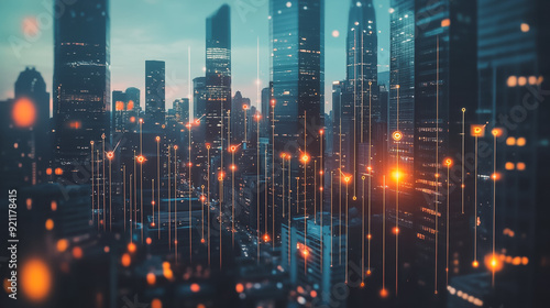 Smart digital city with connection network that is at the cutting edge of innovation in technology and business with bright, modern skyscrapers. Backgrounds for technology and charts and graphs