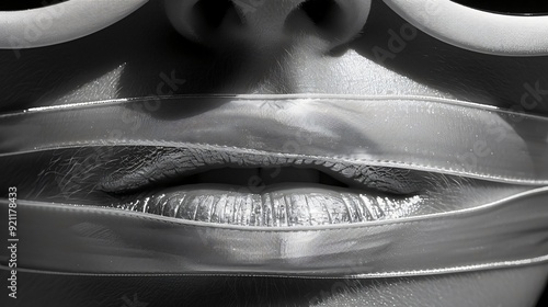 A close-up image focusing on facial features with abstract, reflective wrapping around the mouth.