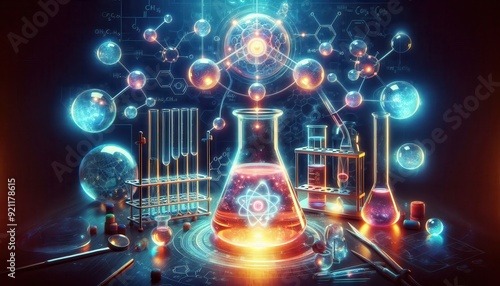  A laboratory scene with a glowing Erlenmeyer flask surrounded by test tubes, molecular models, and scientific instruments..Concept: Scientific Research, Chemistry Lab, Experiment in Progress