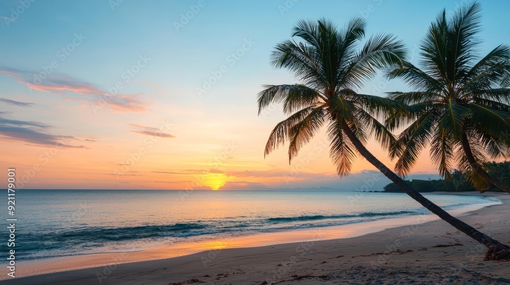 A serene beach at sunset, with palm trees silhouetted against the sky