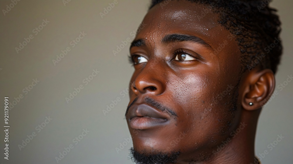 A pensive man with a shaved head and glistening skin, looking away in a carefully lit portrait. A pensive man with a shaved head and glistening skin, looking away in a carefully lit portrait.