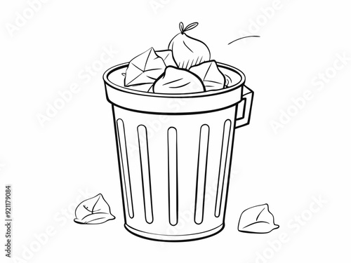 continuous single line drawing of trash can overflowing with trash bags, line art vector illustration
