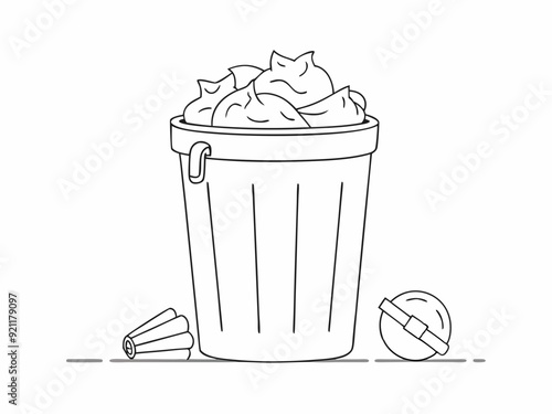 continuous single line drawing of trash can overflowing with trash bags, line art vector illustration

