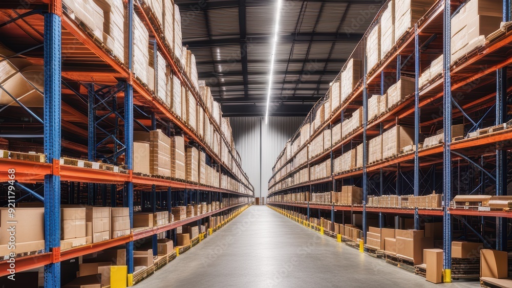 Industrial warehouse interior with organized shelving units and systematic storage. Industrial warehouse interior with organized shelving units and systematic storage.
