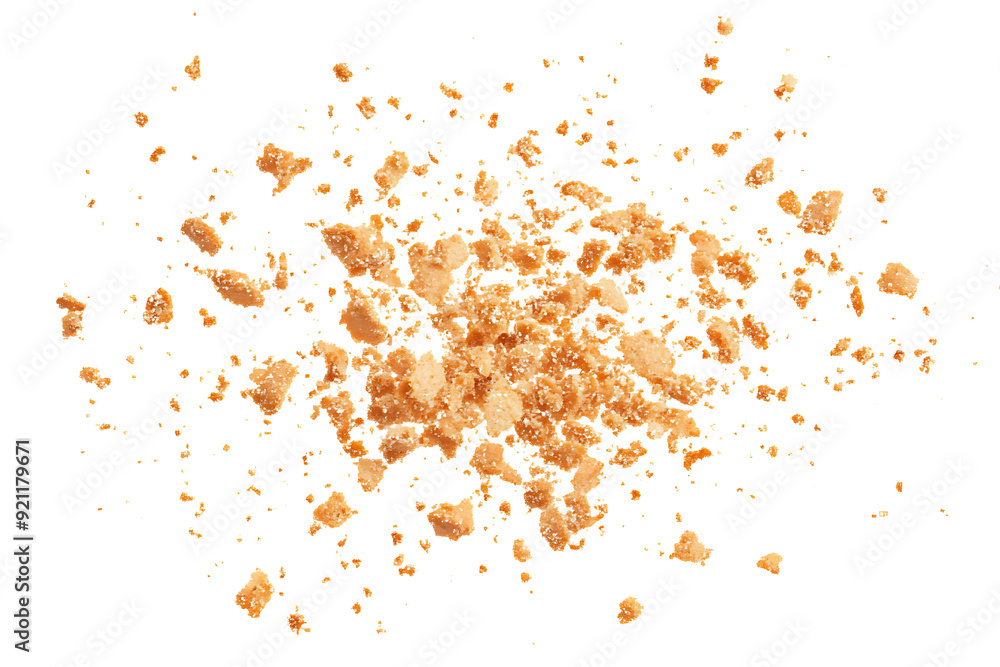 Pile cake crumbs, cookie pieces flying isolated on white on transparent background Pile cake crumbs, cookie pieces flying isolated on white on transparent background