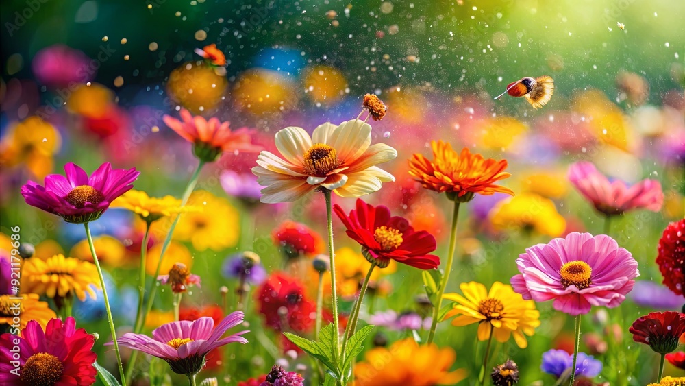 Close-up of a vibrant field of colorful flowers with pollen flying in the air , spring, garden, nature, blooming, blossoms Close-up of a vibrant field of colorful flowers with pollen flying in the air , spring, garden, nature, blooming, blossoms
