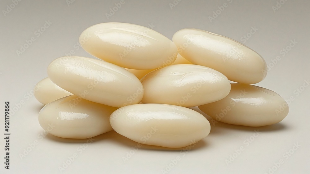 A neat stack of white oval soap bars, displaying their smooth surfaces and representing cleanliness and hygiene. A neat stack of white oval soap bars, displaying their smooth surfaces and representing cleanliness and hygiene.