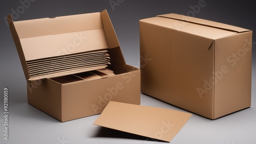 Open cardboard box lies beside a closed identical box. photo