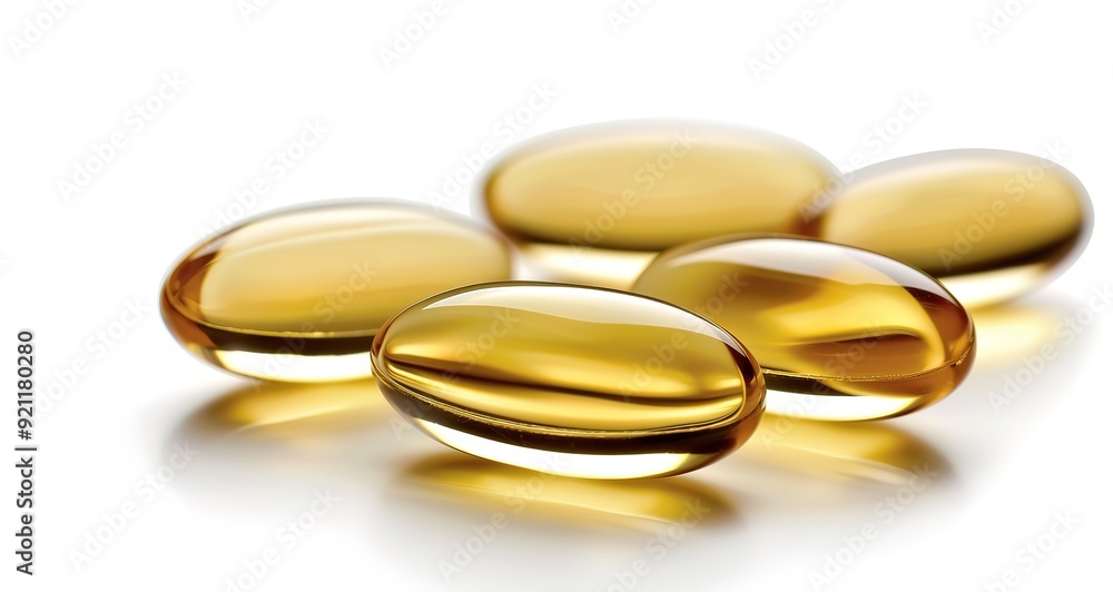 Close up of five yellow softgel capsules, lying on a white surface. Close up of five yellow softgel capsules, lying on a white surface.