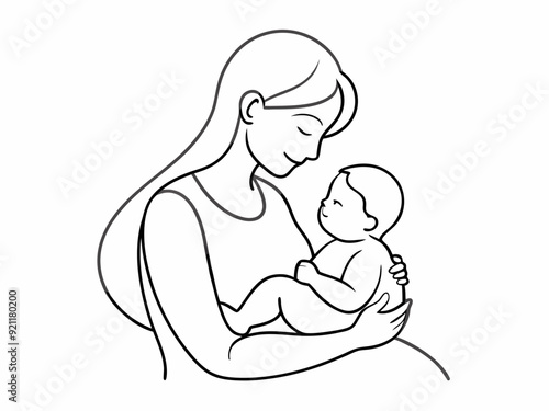 continuous single line drawing of mother caressing baby, line art vector illustration
