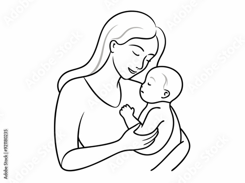 continuous single line drawing of mother caressing baby, line art vector illustration
