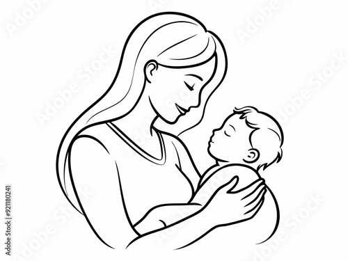continuous single line drawing of mother caressing baby, line art vector illustration
