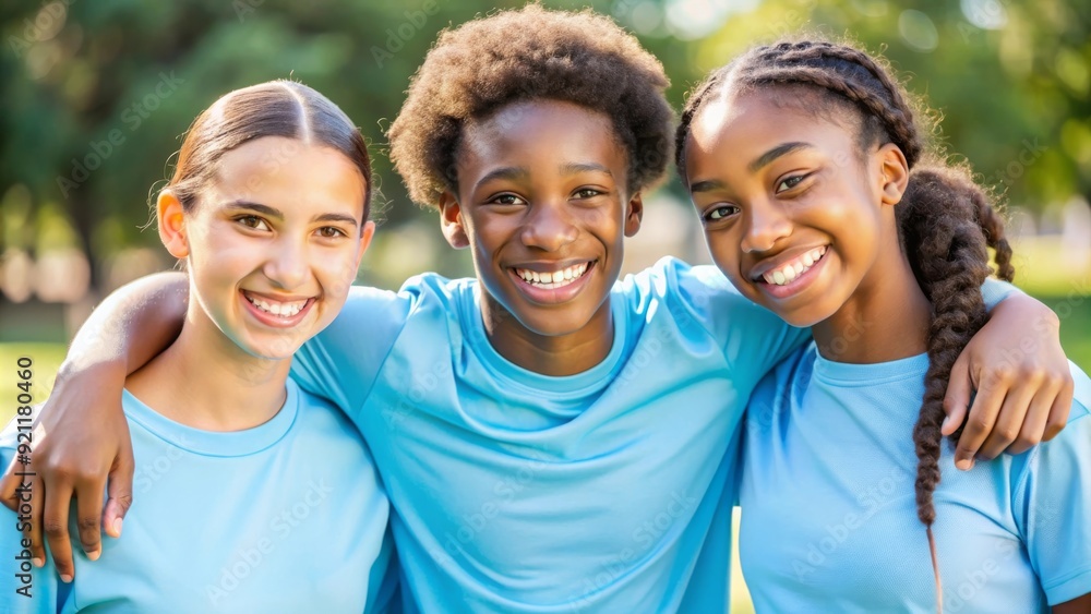 Three Cheerful Teenagers Embracing and Enjoying a Day Outside Together Three Cheerful Teenagers Embracing and Enjoying a Day Outside Together