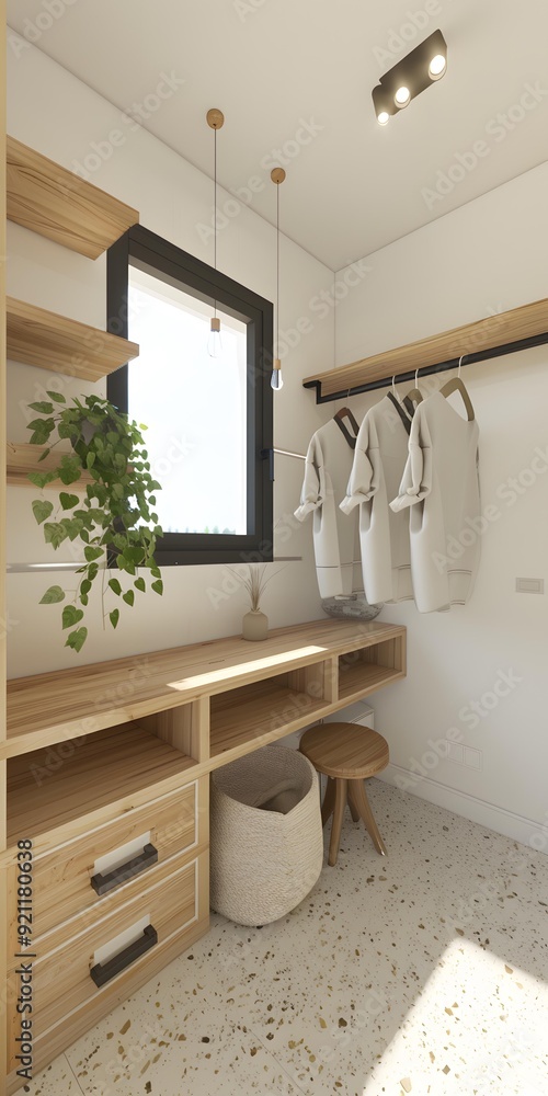 Fototapeta premium Modern Minimalist Laundry Room Interior Design with Wooden Shelves and Hanging Clothes
