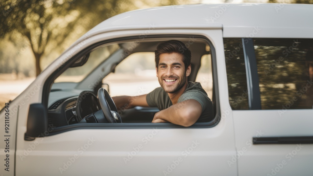 A young man smiles from the driver's seat of a white SUV parked outdoors in a bright day setting with trees behind it. A young man smiles from the driver's seat of a white SUV parked outdoors in a bright day setting with trees behind it.