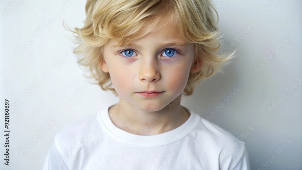 Close-Up of a Little Boy with Bright Blue Eyes and Messy Hair Wearing a White Shirt Close-Up of a Little Boy with Bright Blue Eyes and Messy Hair Wearing a White Shirt