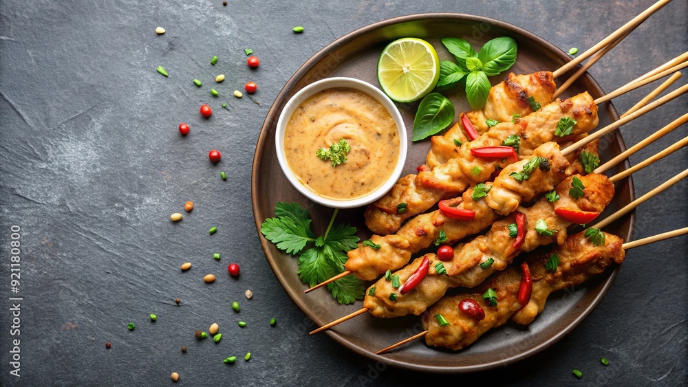 Thai chicken satay skewers served with creamy peanut sauce, Thai, chicken, satay, skewers, peanut sauce, grilled, appetizer Thai chicken satay skewers served with creamy peanut sauce, Thai, chicken, satay, skewers, peanut sauce, grilled, appetizer