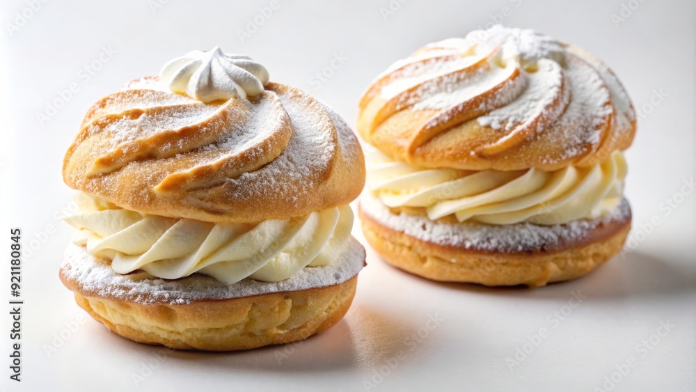 Delicious Cream-Filled Choux Pastry Dessert with Powdered Sugar Topping on White Background Delicious Cream-Filled Choux Pastry Dessert with Powdered Sugar Topping on White Background