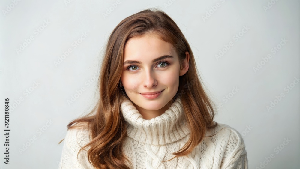 Smiling Woman in White Knit Sweater Posing Against a Light Background Smiling Woman in White Knit Sweater Posing Against a Light Background