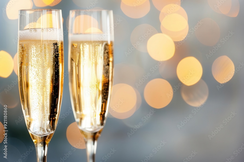 Two champagne flutes filled with bubbly drink, set against a blur of festive lights, perfect for celebrations and toasts. Two champagne flutes filled with bubbly drink, set against a blur of festive lights, perfect for celebrations and toasts.