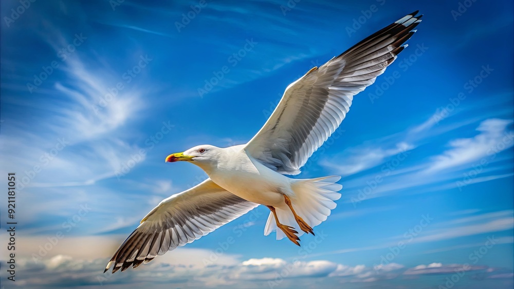 Obraz premium Seagull soaring gracefully through the sky, seagull, flight, wings, bird, freedom, nature, wild, animal, sky, feathers, wildlife