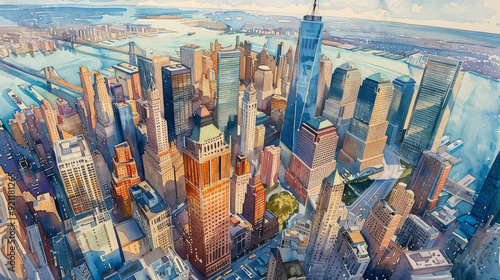 A painting of a cityscape with a large building in the background