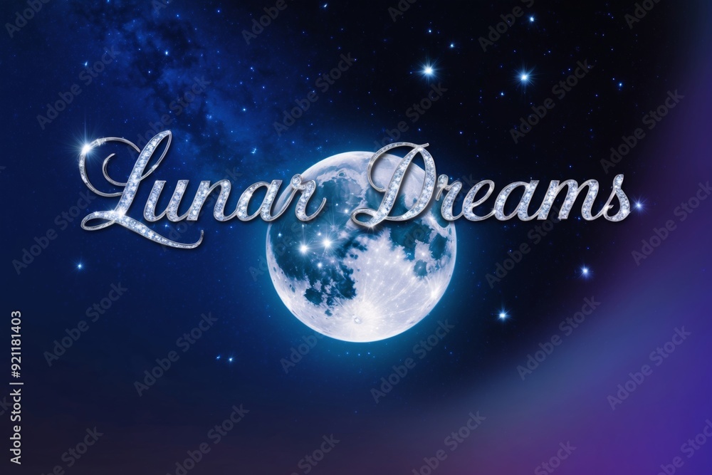 A shimmering full moon illuminates a starry night sky with the words Lunar Dreams elegantly scripted above A shimmering full moon illuminates a starry night sky with the words Lunar Dreams elegantly scripted above