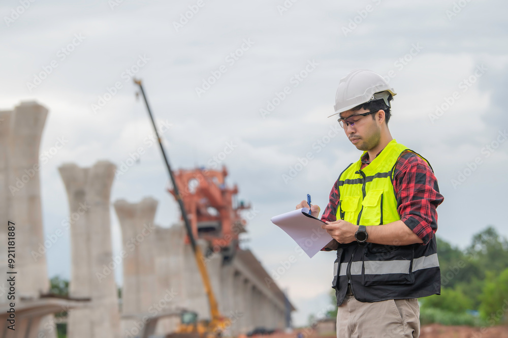 An Asian male engineer works at a motorway bridge construction site,Civil worker inspecting work on crossing construction,Supervisor working at high-speed railway construction site An Asian male engineer works at a motorway bridge construction site,Civil worker inspecting work on crossing construction,Supervisor working at high-speed railway construction site