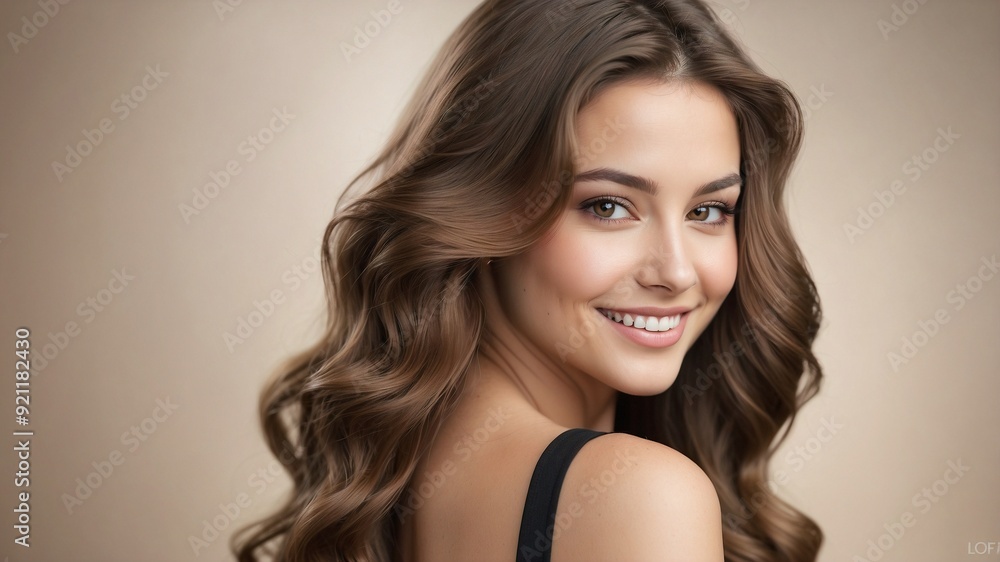 A young woman with long wavy brown hair that cascades over her shoulders. A young woman with long wavy brown hair that cascades over her shoulders.
