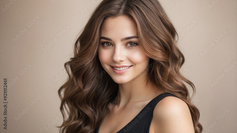 A young woman with long wavy brown hair that cascades over her shoulders. A young woman with long wavy brown hair that cascades over her shoulders.