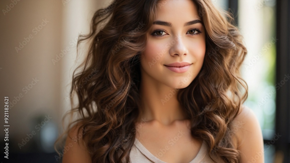 A young woman with long wavy brown hair that cascades over her shoulders. A young woman with long wavy brown hair that cascades over her shoulders.