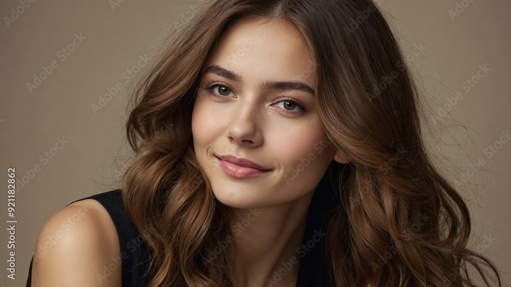 A young woman with long wavy brown hair that cascades over her shoulders. A young woman with long wavy brown hair that cascades over her shoulders.