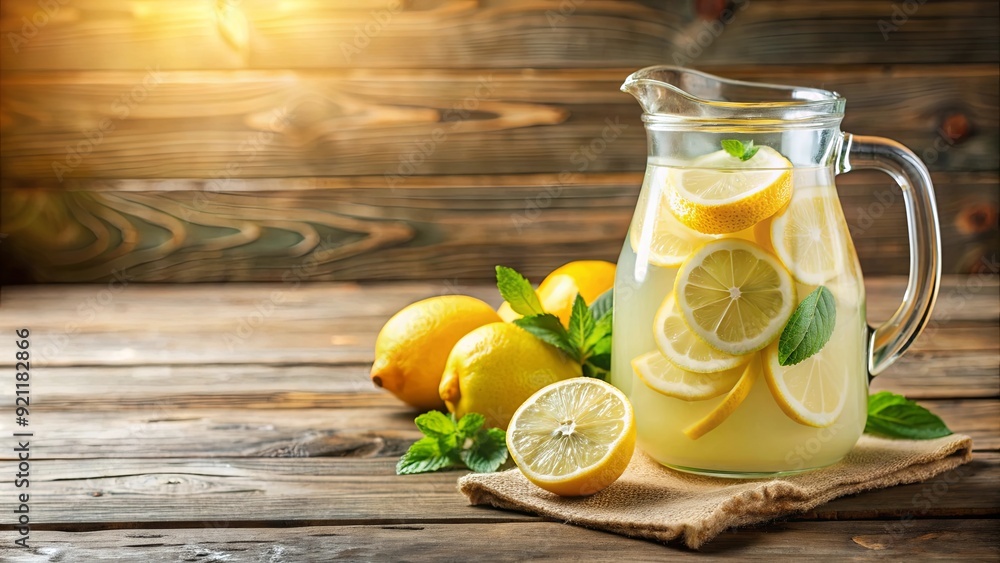 Pitcher of lemonade with lemon slices on wooden table, refreshing, drink, citrus, cold, beverage, pitcher, homemade, table, wooden, slices Pitcher of lemonade with lemon slices on wooden table, refreshing, drink, citrus, cold, beverage, pitcher, homemade, table, wooden, slices