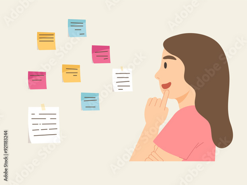 Smiling woman looking at notes on the wall. Concept of ideas, brainstorm, working, to do list, reminder, short note, memo, memory sticky note, studying. Flat vector cartoon character.