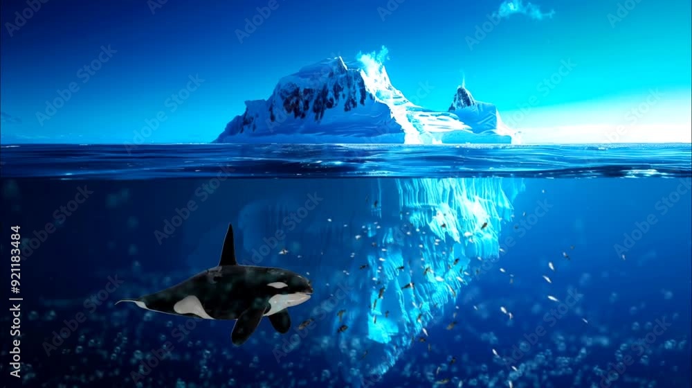 An orca swims beneath an iceberg in the clear blue waters of the Arctic, highlighting the beauty of marine life in polar regions. Seamless loop video background An orca swims beneath an iceberg in the clear blue waters of the Arctic, highlighting the beauty of marine life in polar regions. Seamless loop video background