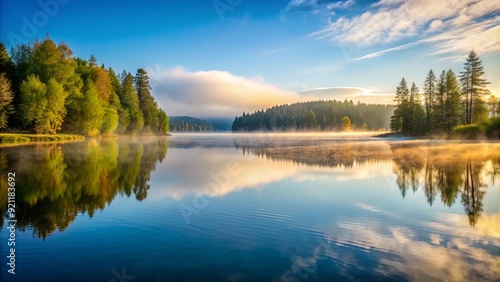 Tranquil morning at the lake with mist rising off the water , dawn, serene, calm, tranquil, peaceful, morning, lake, water, mist